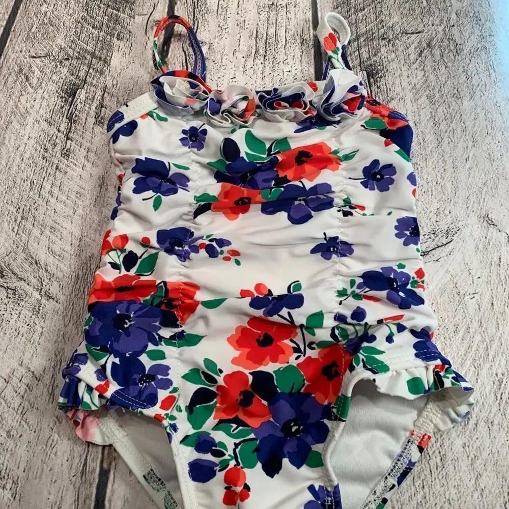 JANIE AND JACK Girl’s Retro Style Flowered One Piece Swimsuit / Size: 3-6 Months